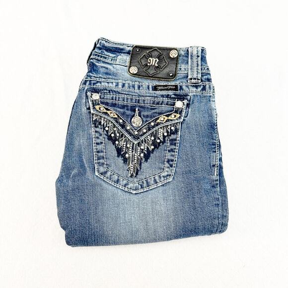 Miss Me Western Boot Cut Denim Jeans Feather Embellished Detail Size 28 - Picture 9 of 9